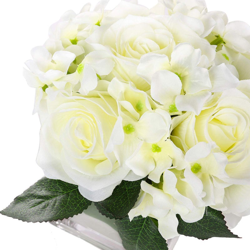 Fule Artificial Silk Rose Flower Centerpiece Arrangement in vase for Home Wedding Decoration (Spring White) - Image 5